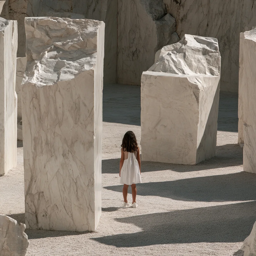 Marble blocks standing outdoors, a child among them for scale